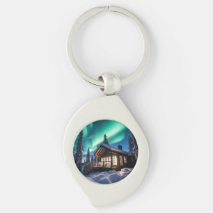 Aurora borealis over winter cabin key ring