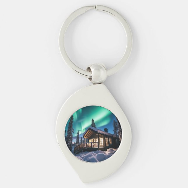 Aurora borealis over winter cabin key ring (Front)