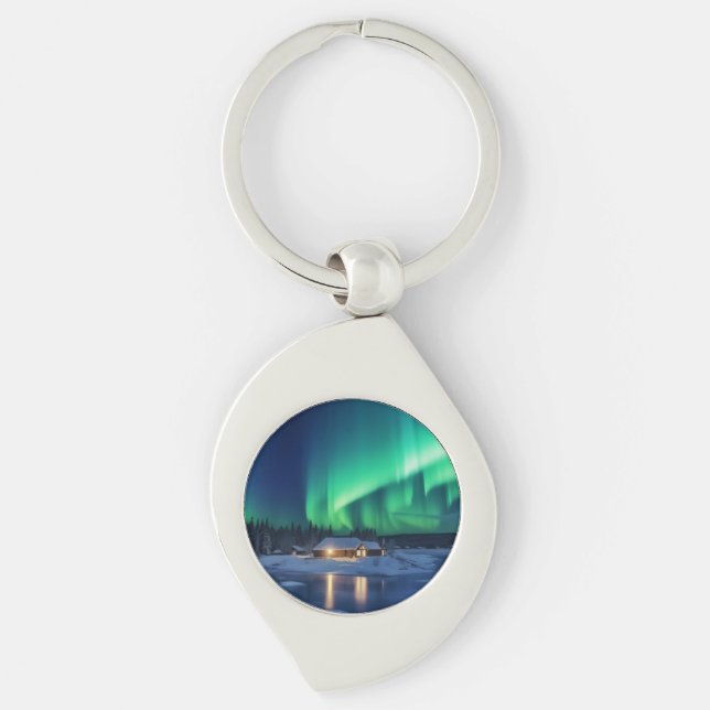 Aurora borealis over winter cabin key ring (Front)
