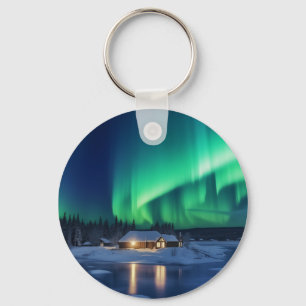 Aurora borealis over winter cabin key ring