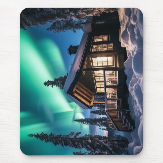 Aurora borealis over winter cabin mouse mat (Front)