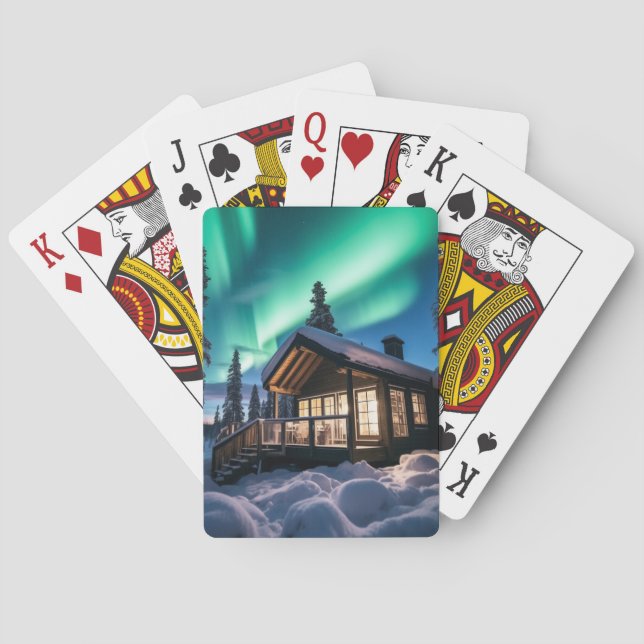 Aurora borealis over winter cabin playing cards (Back)