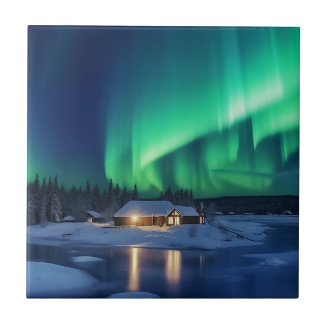 Aurora borealis over winter cabin tile (Front)