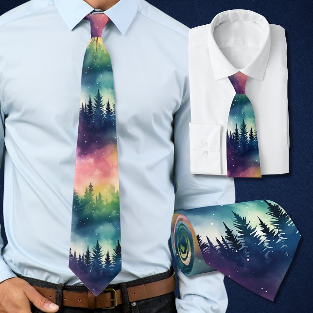 Aurora Borealis Pastel Pines Northern Lights Tie (This northern lights tie with its pastel skies and pines is perfect for the holidays and winter time)