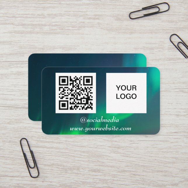 Aurora Borealis Social media QR Code Green  Business Card (Front/Back In Situ)