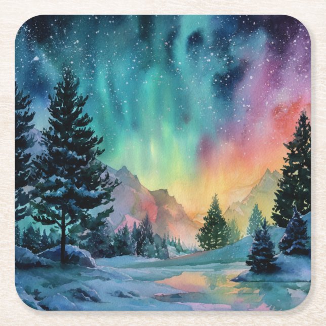 Aurora Borealis Square Paper Coaster (Front)