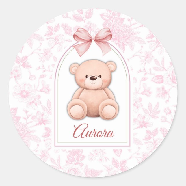 Aurora | Custom Pink Teddy Bear Nursery Design  Classic Round Sticker (Front)