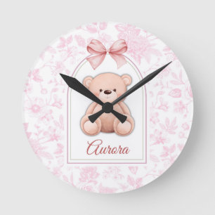 Aurora Custom Pink Teddy Bear Nursery Design Round Clock