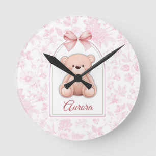 Aurora   Custom Pink Teddy Bear Nursery Design  Round Clock
