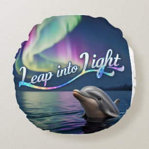 Aurora Dolphin: Leap Into Light Round Cushion