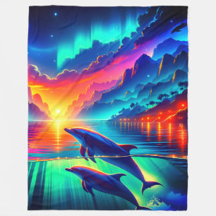 “Aurora Dolphin Sunset - Vibrant Ocean Art” Fleece Blanket