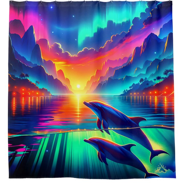 “Aurora Dolphin Sunset - Vibrant Ocean Art” Shower Curtain (Front)