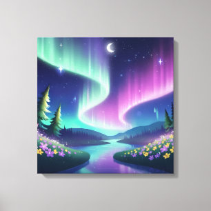 Aurora Dreams: Flowing River and Flower Field Canvas Print