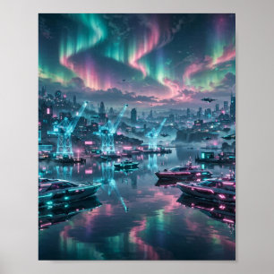 Aurora Harbour — Cyberpunk Coastal City Art Poster