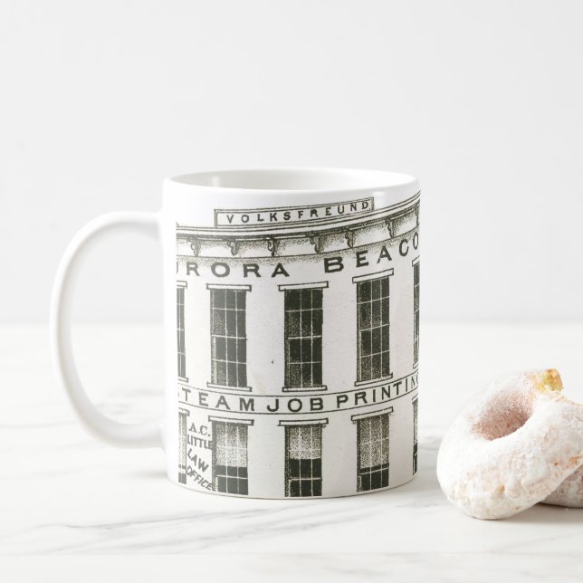 Aurora Illinois Aurora Beacon News 1871 Stone Lith Coffee Mug (With Donut)