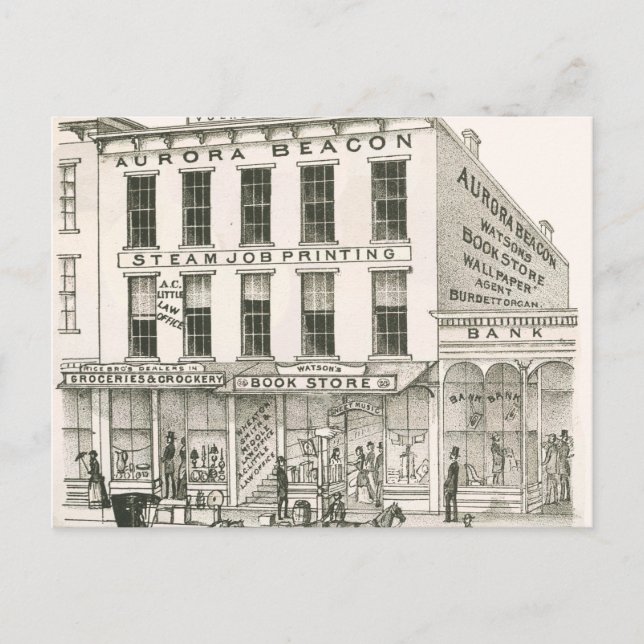 Aurora Illinois Aurora Beacon News 1871 Stone Lith Postcard (Front)