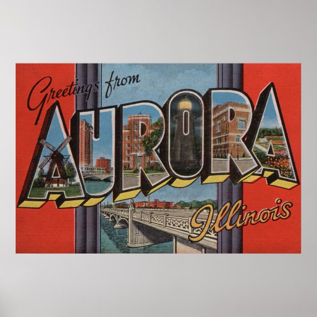 Aurora, Illinois - Large Letter Scenes Poster (Front)