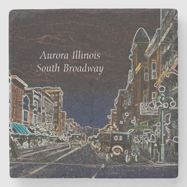 Aurora Illinois South Broadway Neon Art 1920 Stone Coaster (Front)