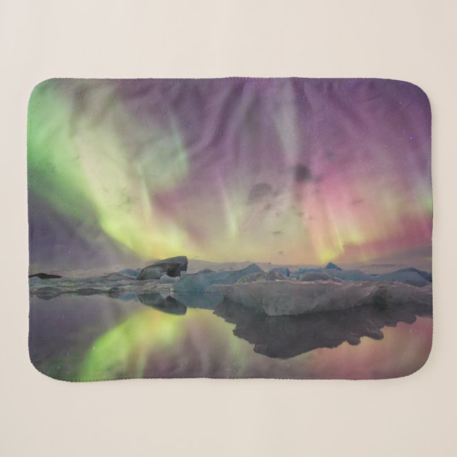 Aurora Lights Reflect in Lagoon Sherpa Blanket (Front (Horizontal))