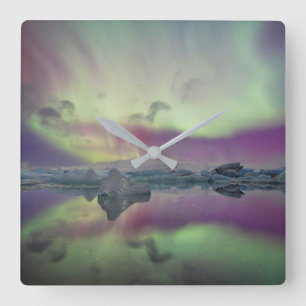 Aurora Lights Reflect Lagoon   Iceland Square Wall Clock
