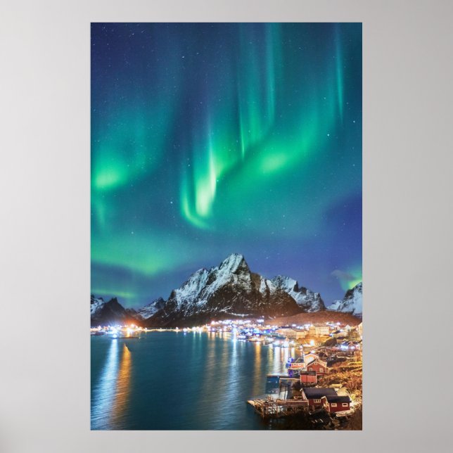 Aurora night on the bridge to Reine on Lofoten Poster (Front)