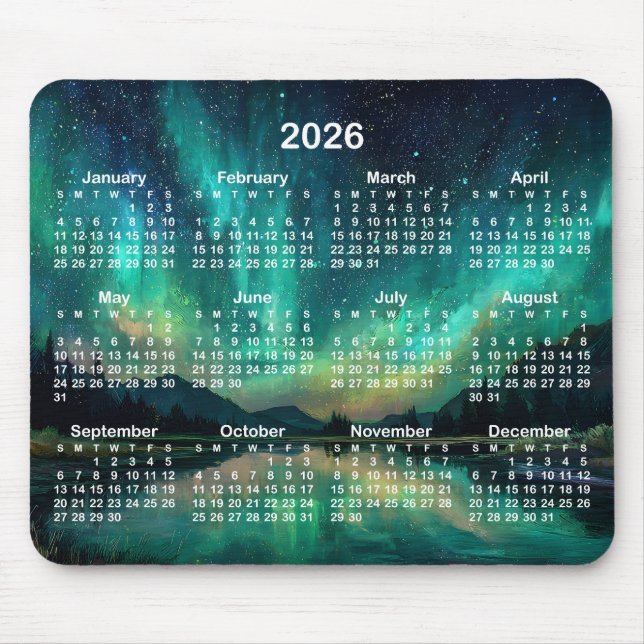 Aurora Night Sky Landscape 2026 Calendar Mouse Mat (Front)