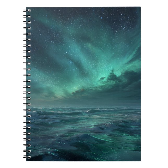 Aurora Ocean Glow Green Night Sky Notebook (Front)