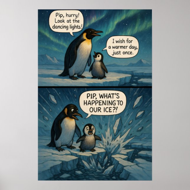 Aurora Penguins Comic – Funny Climate Change Joke Poster (Front)