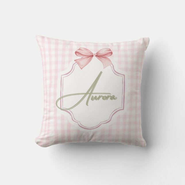Aurora Personalized Pink Bow & Gingham Print  Cushion (Front)