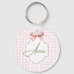 Aurora Personalized Pink Bow & Gingham Print Key Ring