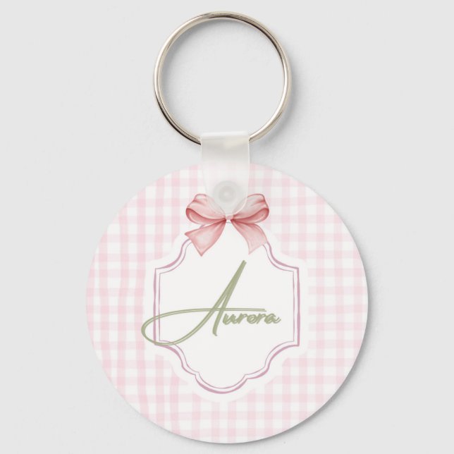 Aurora Personalized Pink Bow & Gingham Print  Key Ring (Front)
