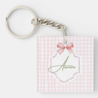 Aurora Personalized Pink Bow & Gingham Print  Key Ring
