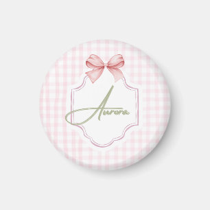 Aurora Personalized Pink Bow & Gingham Print  Magnet