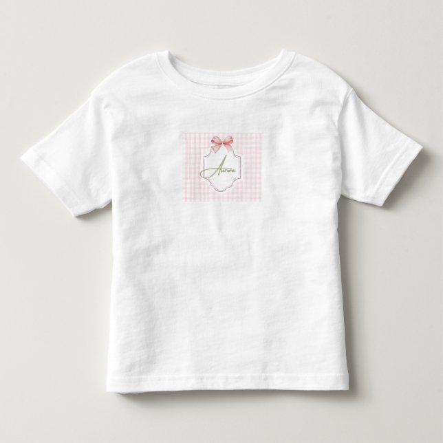Aurora Personalized Pink Bow & Gingham Print  Toddler T-Shirt (Front)