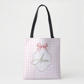 Aurora Personalized Pink Bow & Gingham Print  Tote Bag