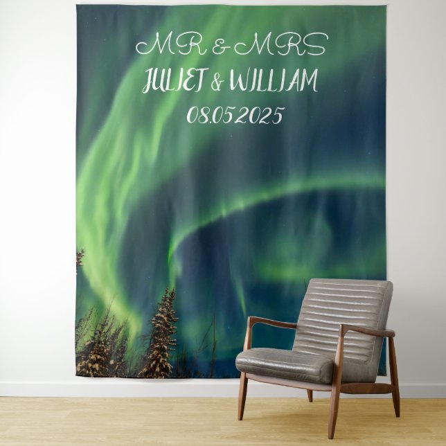 Aurora Script Mr & Mrs Wedding Backdrop banner Tapestry (In Situ)