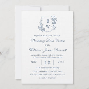 [AURORA] Vintage Dusty Blue Crest Monogram Wedding Invitation