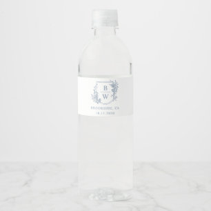 [AURORA] Vintage Dusty Blue Crest Monogram Wedding Water Bottle Label