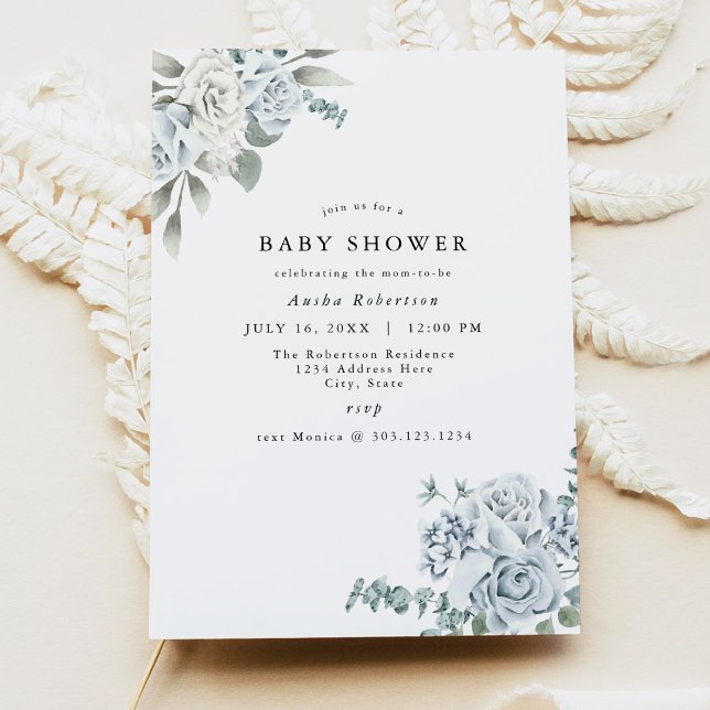 AUSHA Dusty Blue Floral Boy Baby Shower Invitation (Creator Uploaded)