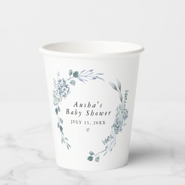 AUSHA Dusty Blue Floral Boy Baby Shower Paper Cups (Front)