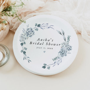 AUSHA Dusty Blue Floral Boy Baby Shower Paper Plate