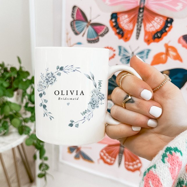 AUSHA Elegant Dusty Blue Floral Bridesmaid Wedding Coffee Mug (Creator Uploaded)