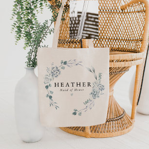 AUSHA Elegant Dusty Blue Floral Bridesmaid Wedding Tote Bag