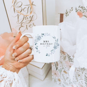 AUSHA Elegant Dusty Blue Floral Mrs. Wedding Coffee Mug