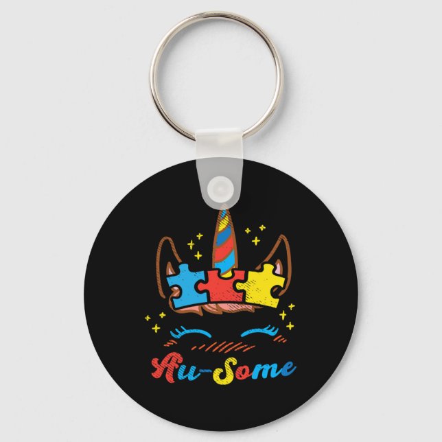 Ausome Unicorn Face Puzzle Autism Awareness ASL Gi Key Ring (Front)