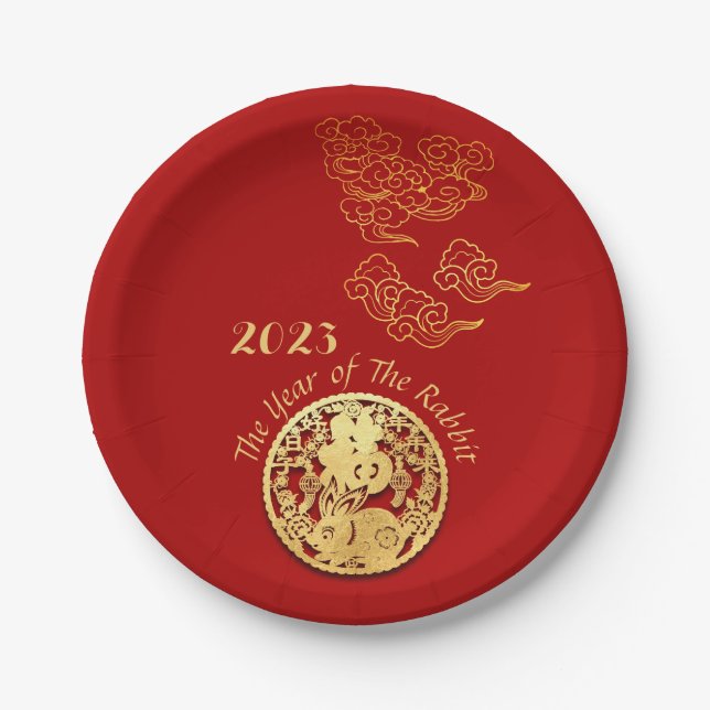 Auspicious Clouds Chinese New Year Rabbit 2023 PP Paper Plate (Front)