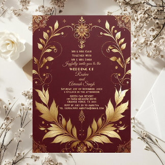 Auspicious Gold Ornate Maroon Leafy Swirls Indian Invitation