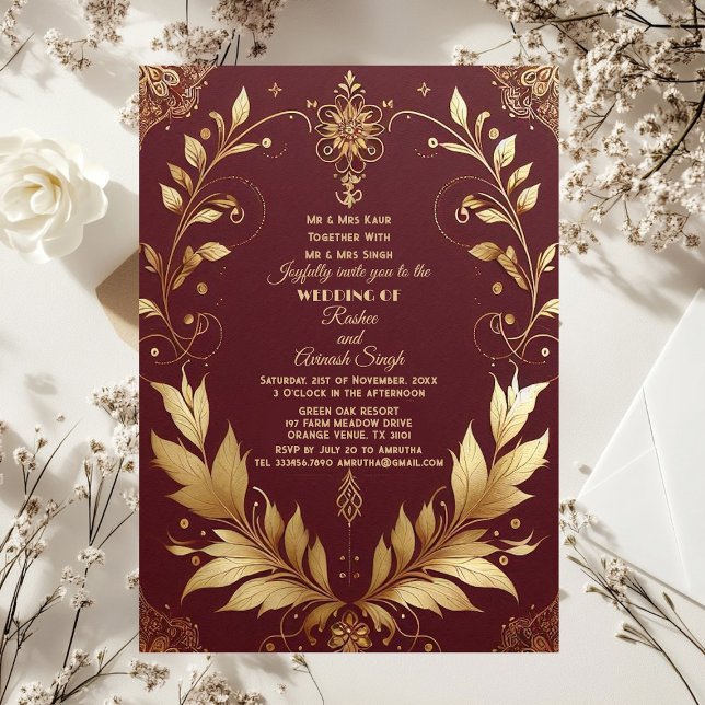 Auspicious Gold Ornate Maroon Leafy Swirls Indian Invitation (Auspicious Gold Ornate Maroon Leafy Swirls Indian Invitation)