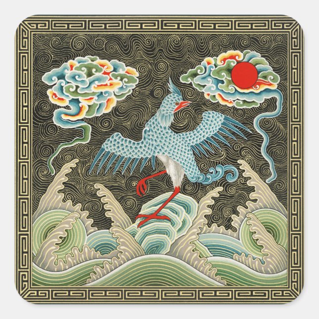 Auspicious Tide & Phoenix Rising Chinese Pattern Square Sticker (Front)
