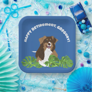 Aussie Australian Shepherd Dog Tropical Leaves Paper Plate